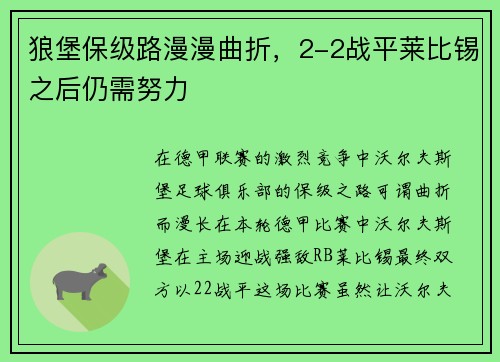 狼堡保级路漫漫曲折，2-2战平莱比锡之后仍需努力