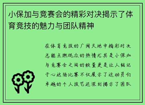 小保加与竞赛会的精彩对决揭示了体育竞技的魅力与团队精神