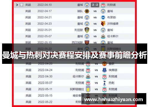 曼城与热刺对决赛程安排及赛事前瞻分析